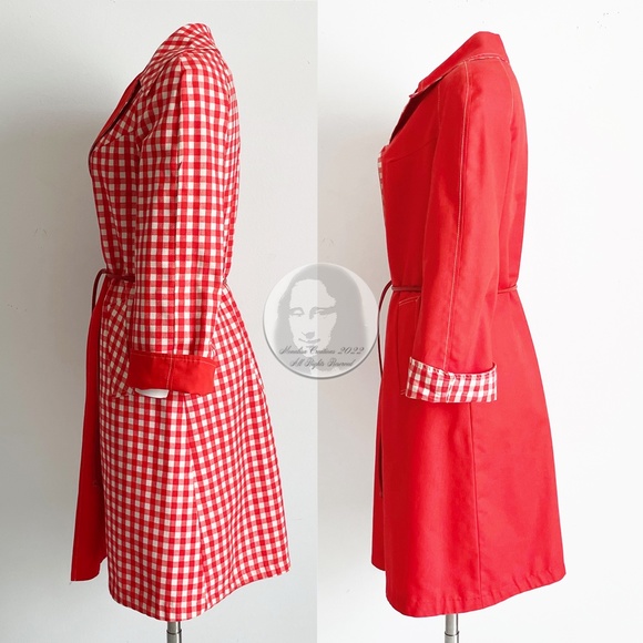 Rain Coat with Leather Belt Reversible Gingham Check Red White Vintage Sz 8 - Picture 7 of 9
